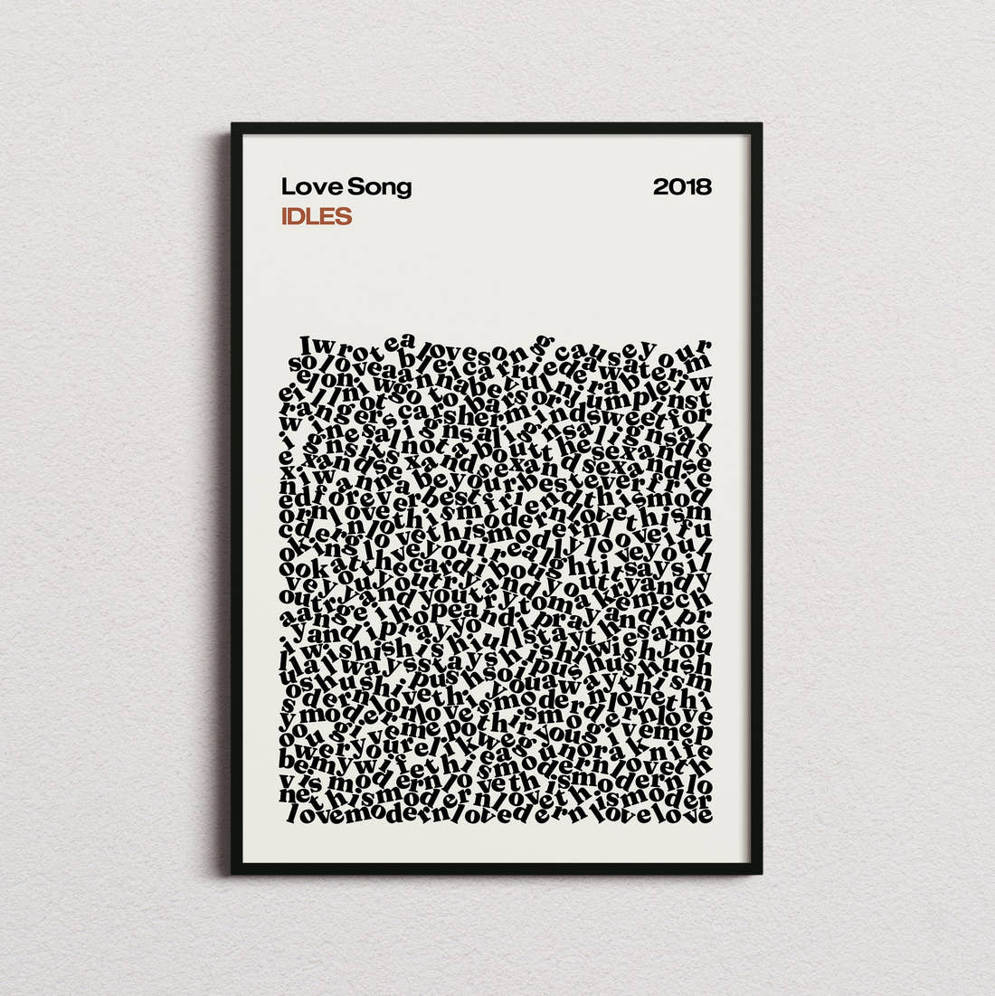 IDLES Love Song Lyric Print in the cream colourway, framed