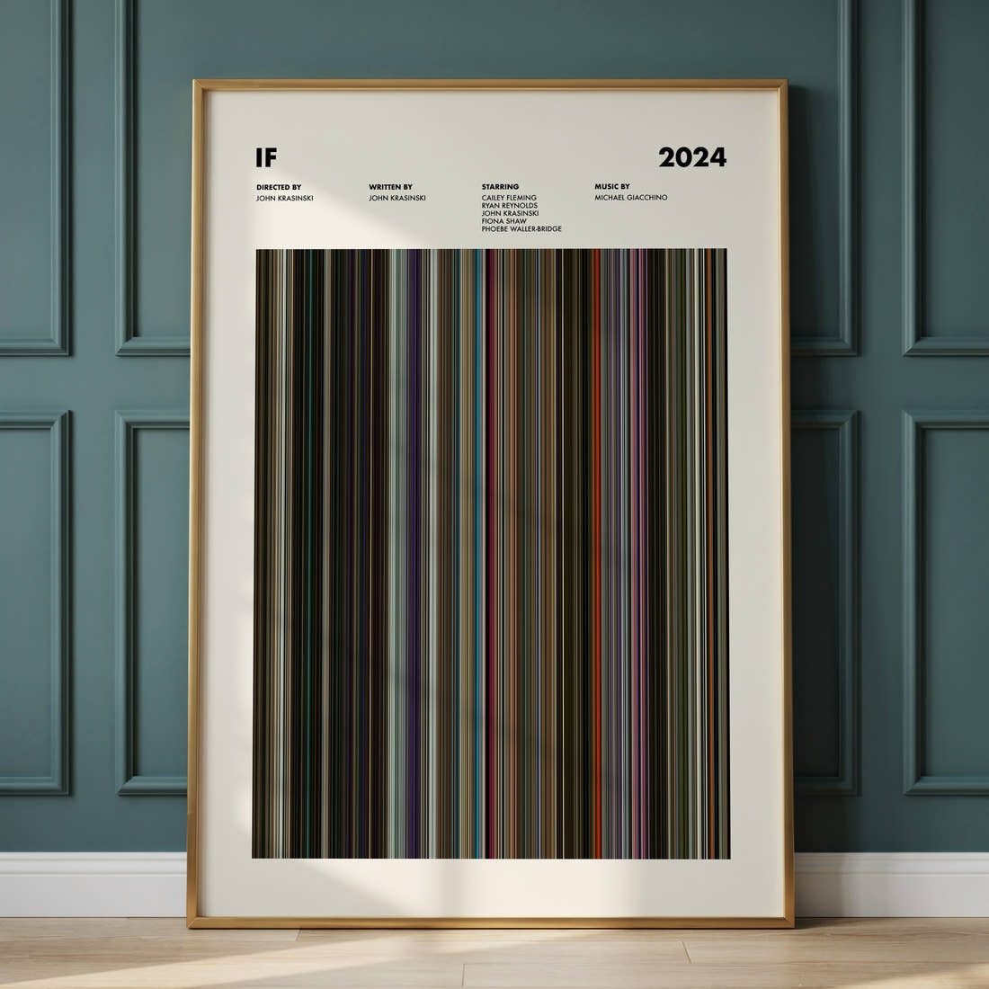 IF Movie Barcode Poster framed and leaning against a panelled wall