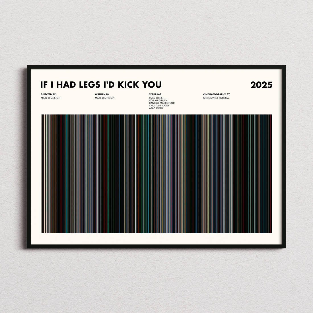 If I Had Legs I'd Kick You Movie Barcode Poster framed and photographed straight on