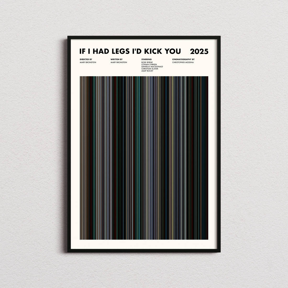 If I Had Legs I'd Kick You Movie Barcode Poster framed on a plain studio wall