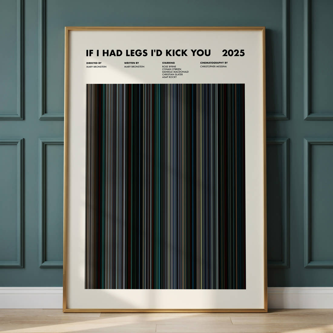 If I Had Legs I'd Kick You Movie Barcode Poster framed and leaning against a panelled wall