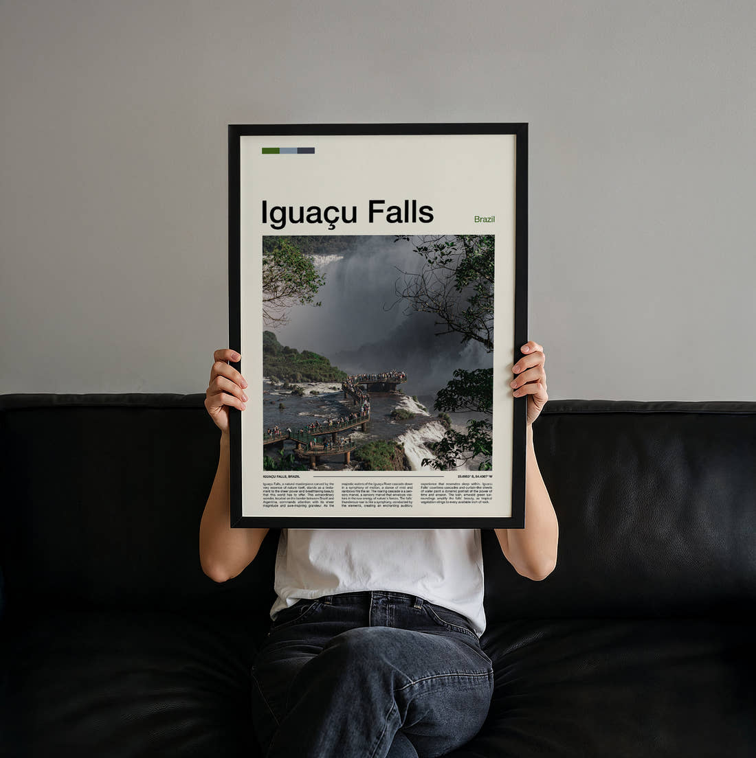 Iguacu Falls Waterfall Walkway Travel Print held up by hand to show the size of the print