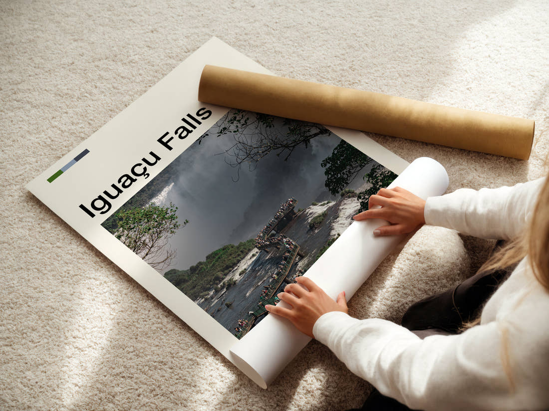 Iguacu Falls Waterfall Walkway Travel Print being unrolled from its postal tube