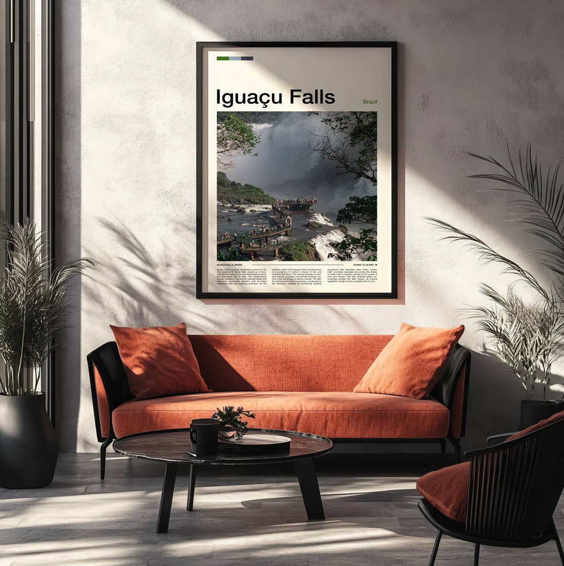 Iguacu Falls Waterfall Walkway Travel Print framed on the wall of a modern living room