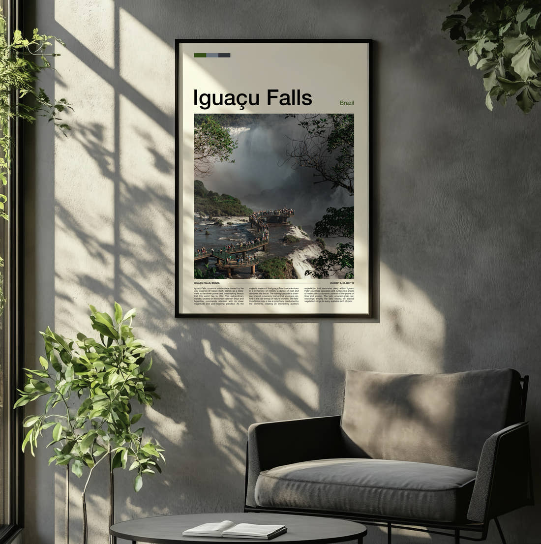 Iguacu Falls Waterfall Walkway Travel Print framed on the wall of a relaxed living room