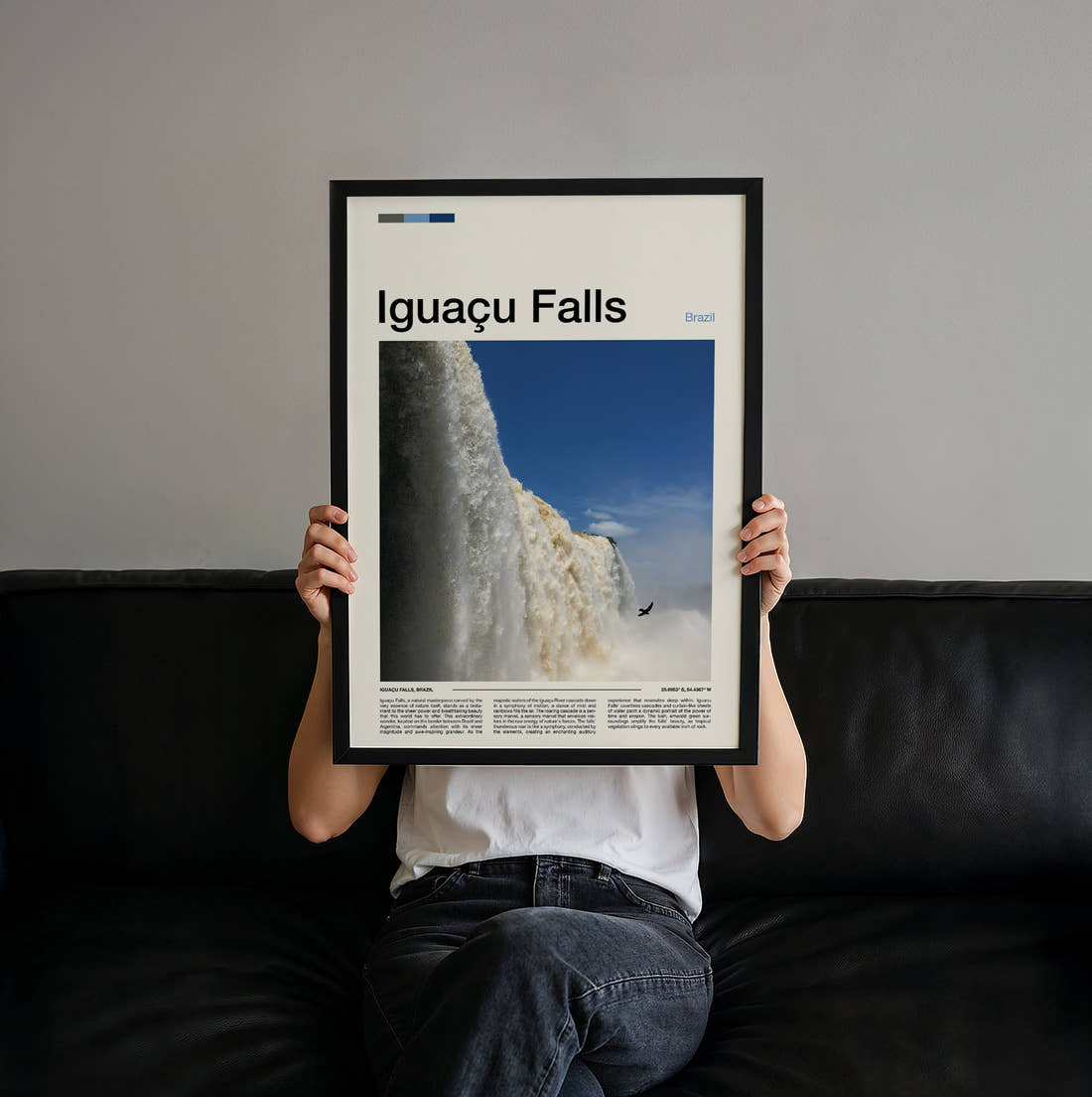 Iguacu Falls Waterfall Close Up Travel Print held up by hand to show the size of the print