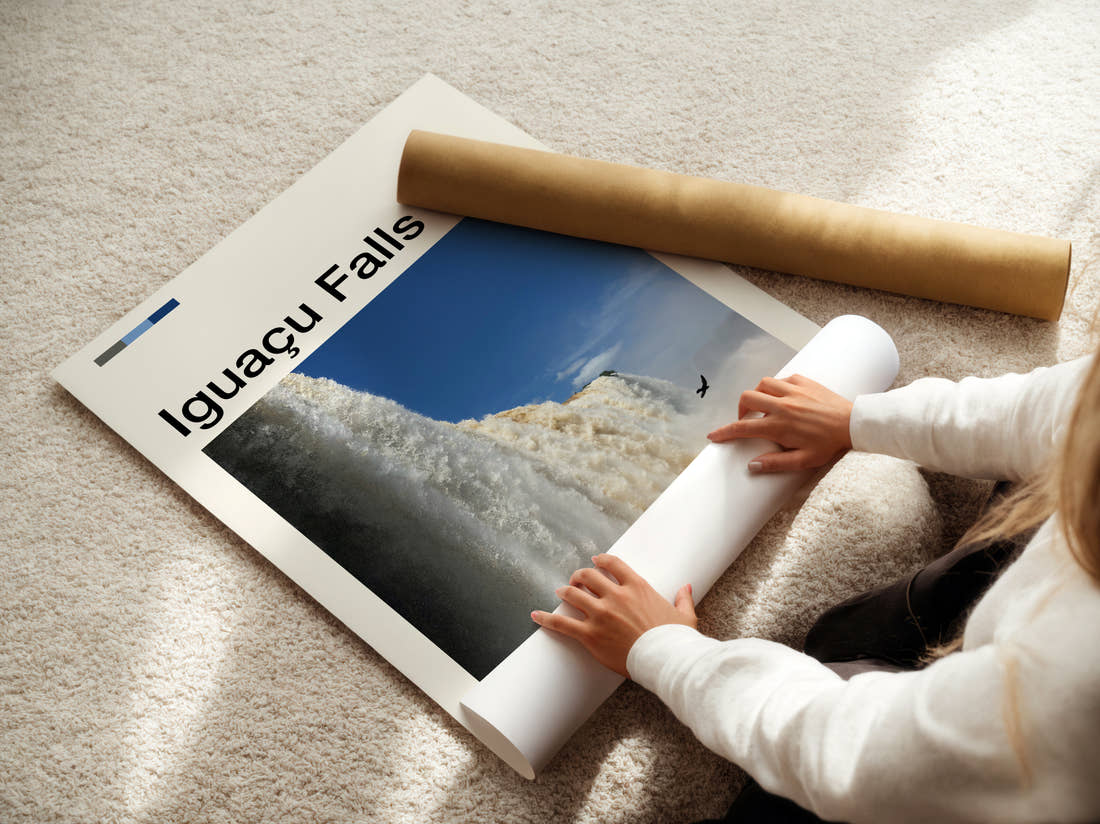 Iguacu Falls Waterfall Close Up Travel Print being unrolled from its postal tube