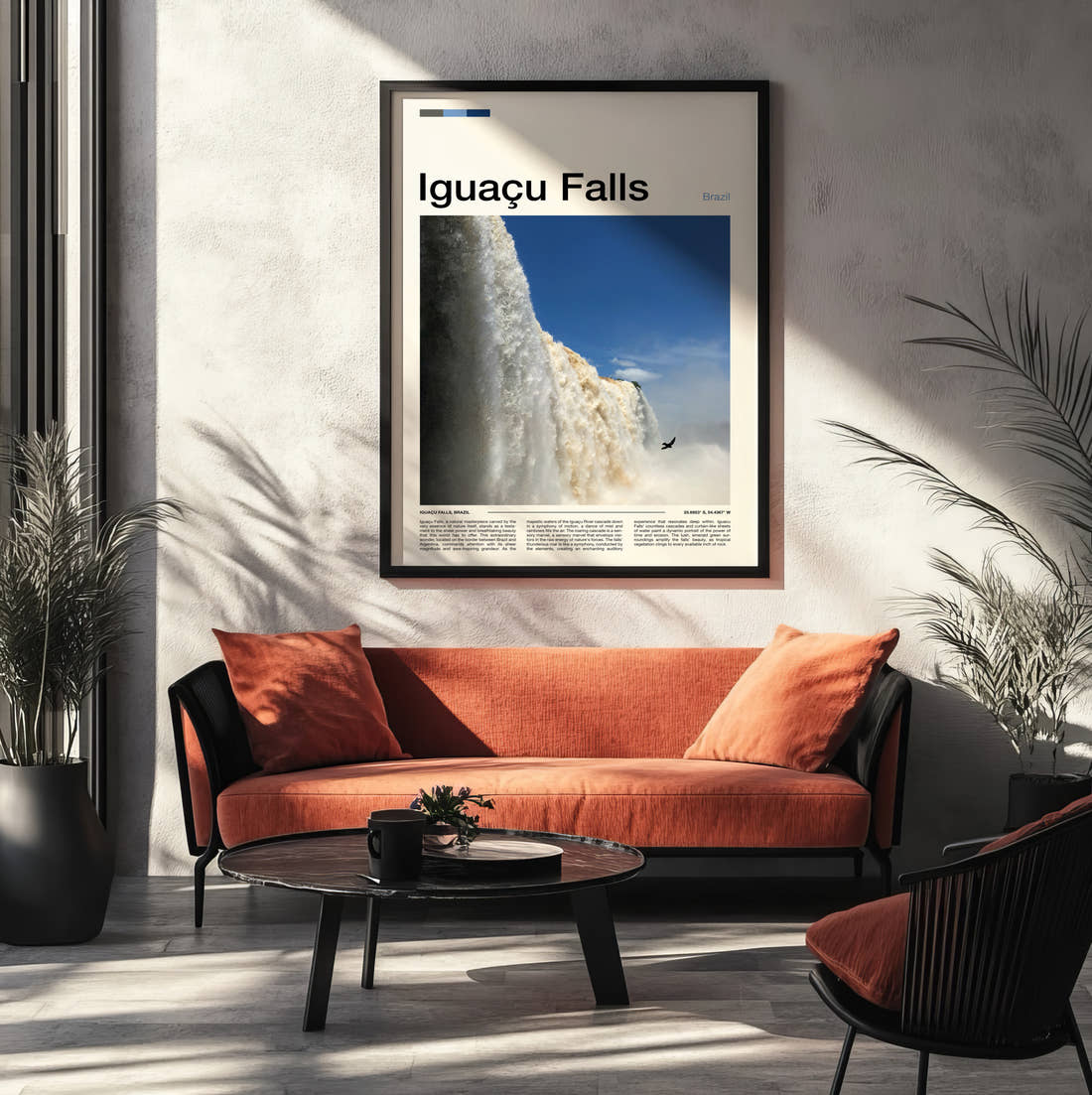 Iguacu Falls Waterfall Close Up Travel Print framed on the wall of a modern living room