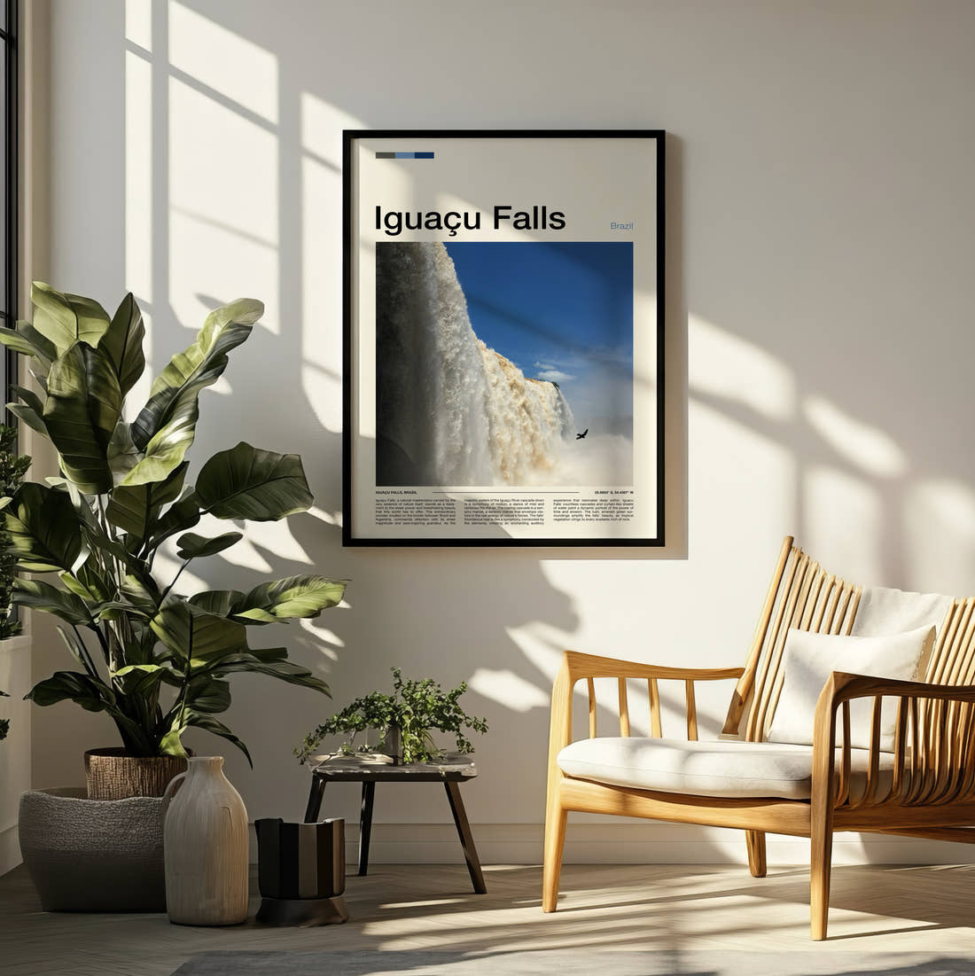 Iguacu Falls Waterfall Close Up Travel Print framed on a pale wall beside houseplants