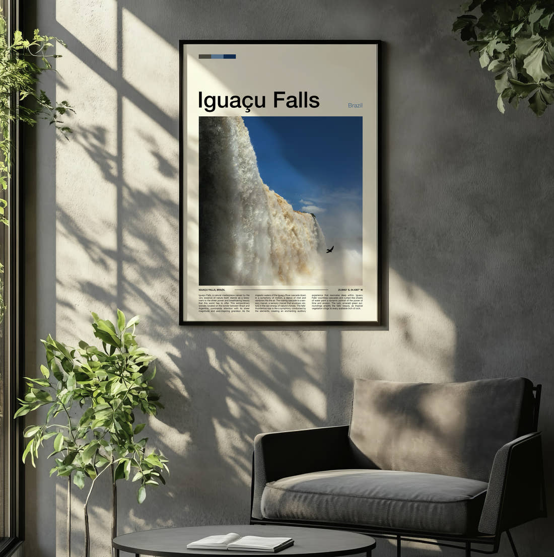 Iguacu Falls Waterfall Close Up Travel Print framed on the wall of a relaxed living room