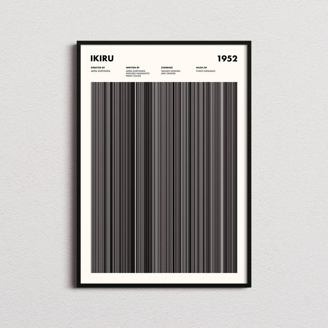 Ikiru Movie Barcode Poster framed on a plain studio wall