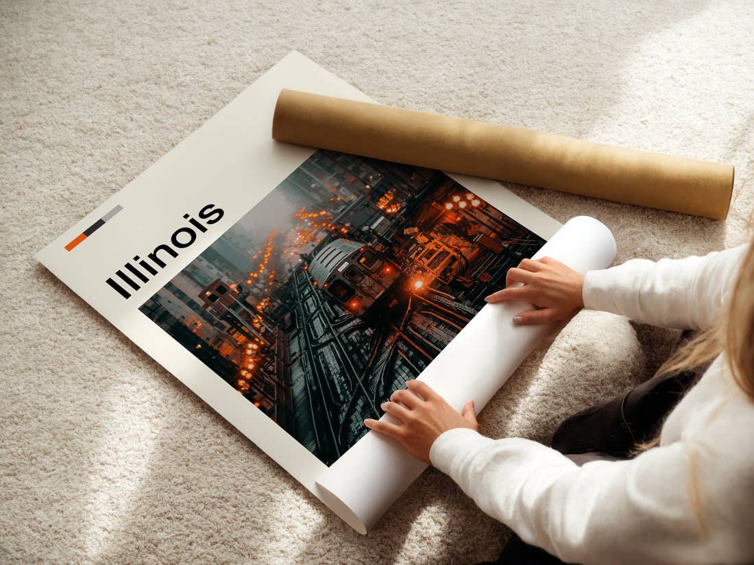 Illinois Elevated L Train Travel Print being unrolled from its postal tube