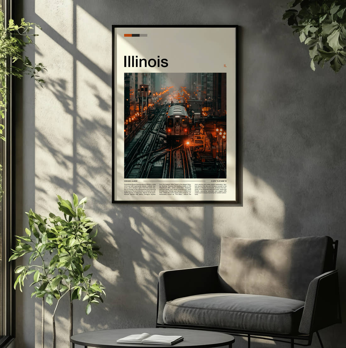 Illinois Elevated L Train Travel Print framed on the wall of a relaxed living room