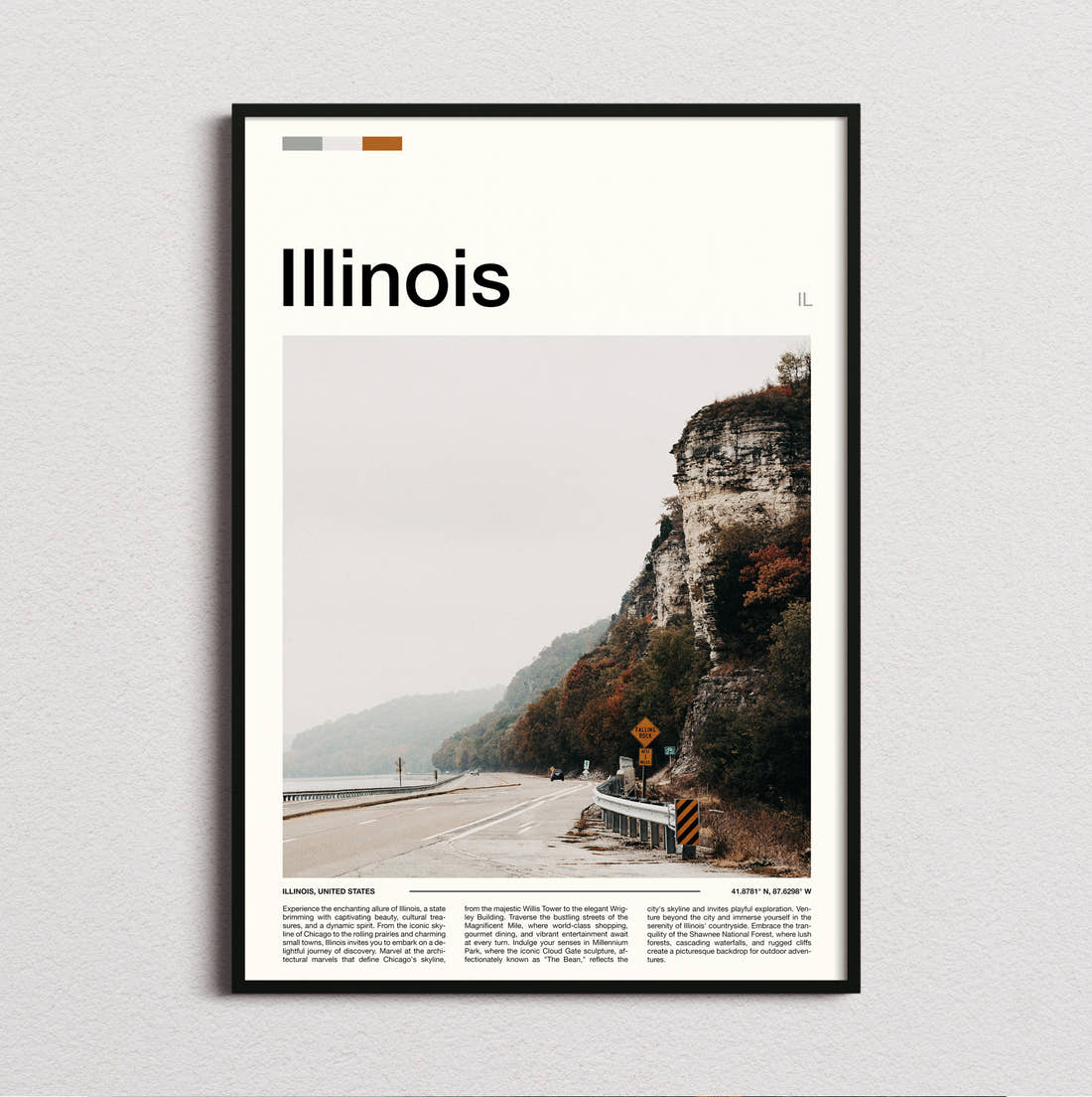Illinois Road Beside Limestone Cliffs Travel Print framed and photographed straight on