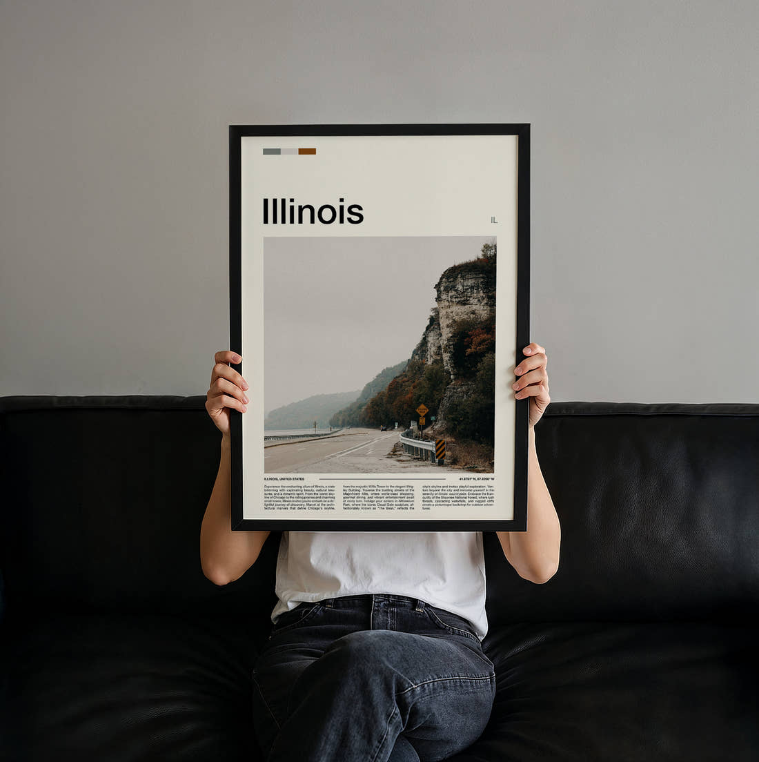 Illinois Road Beside Limestone Cliffs Travel Print held up by hand to show the size of the print