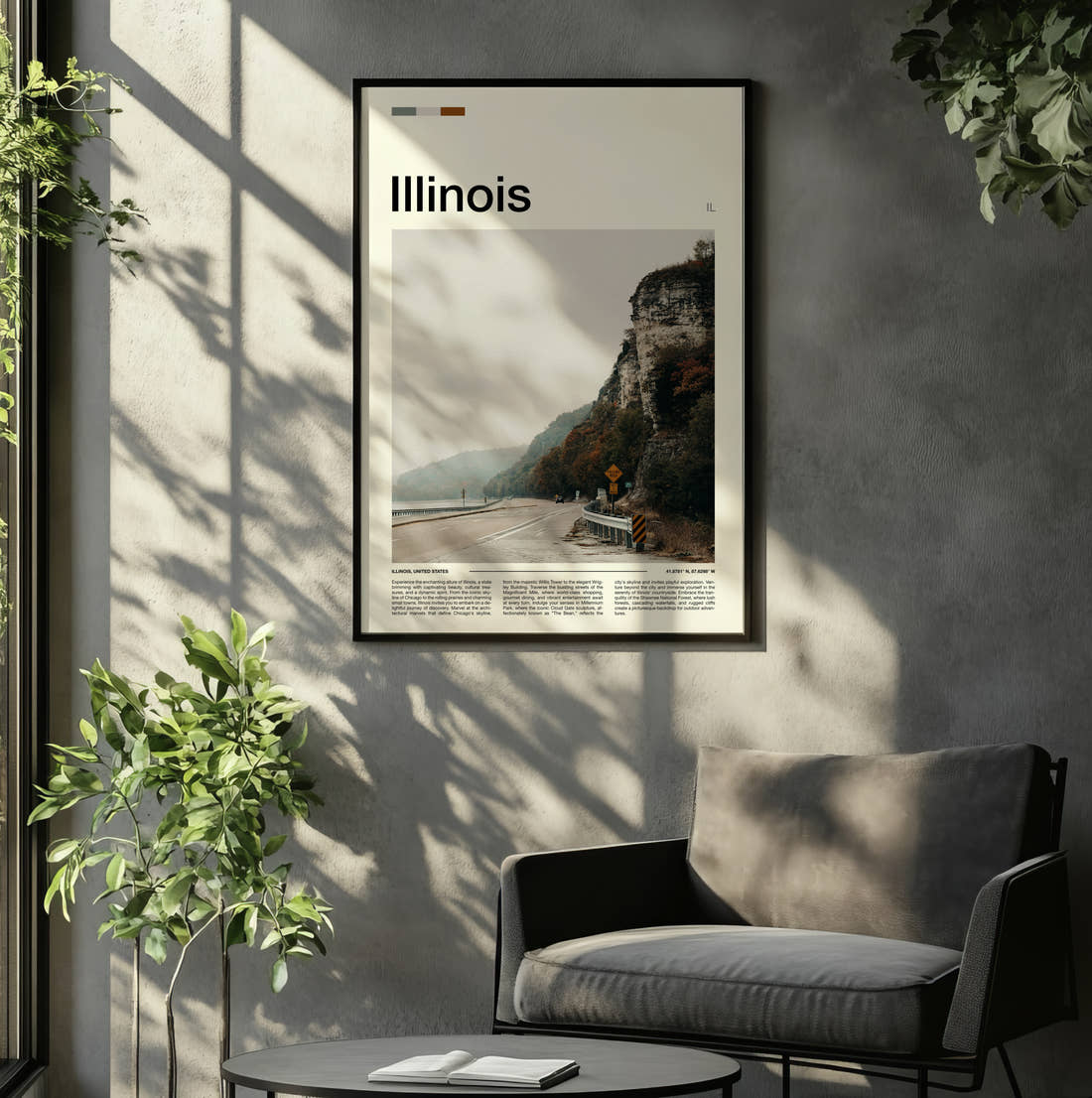 Illinois Road Beside Limestone Cliffs Travel Print framed on the wall of a relaxed living room