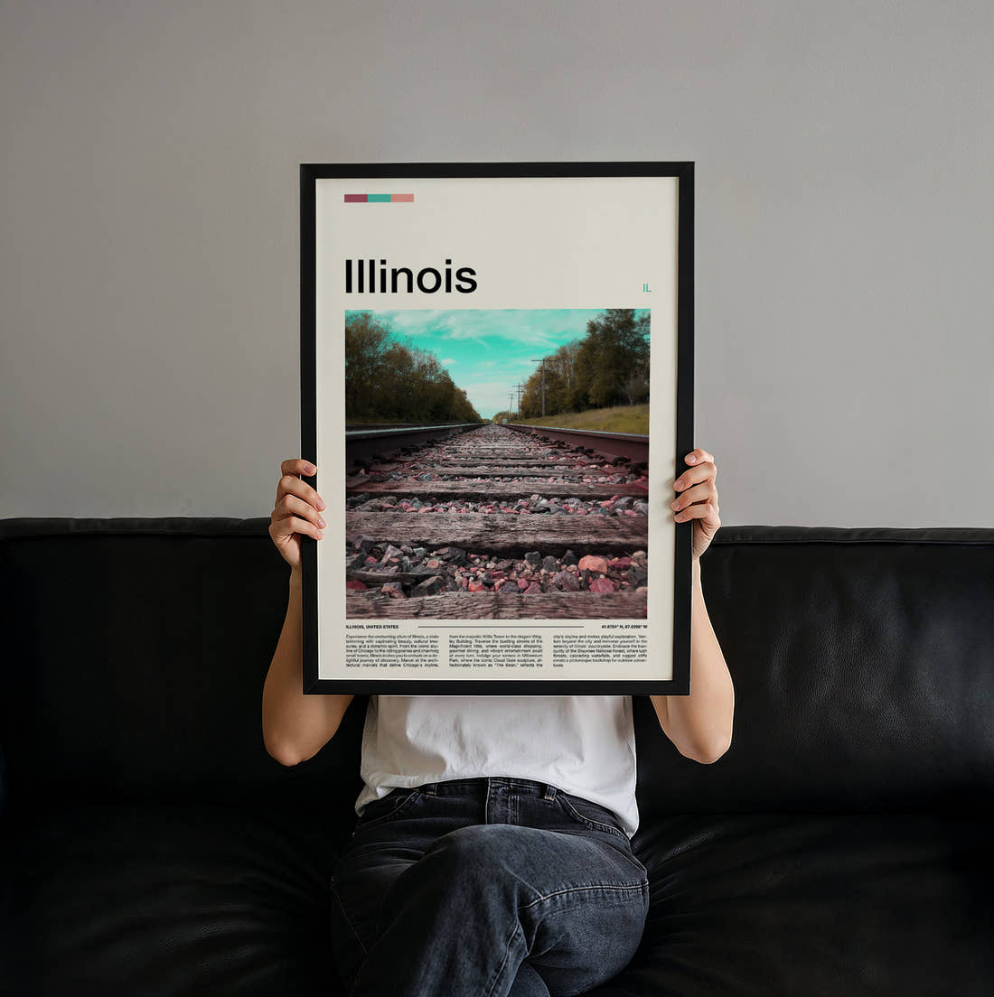 Illinois Railway Tracks Travel Print held up by hand to show the size of the print