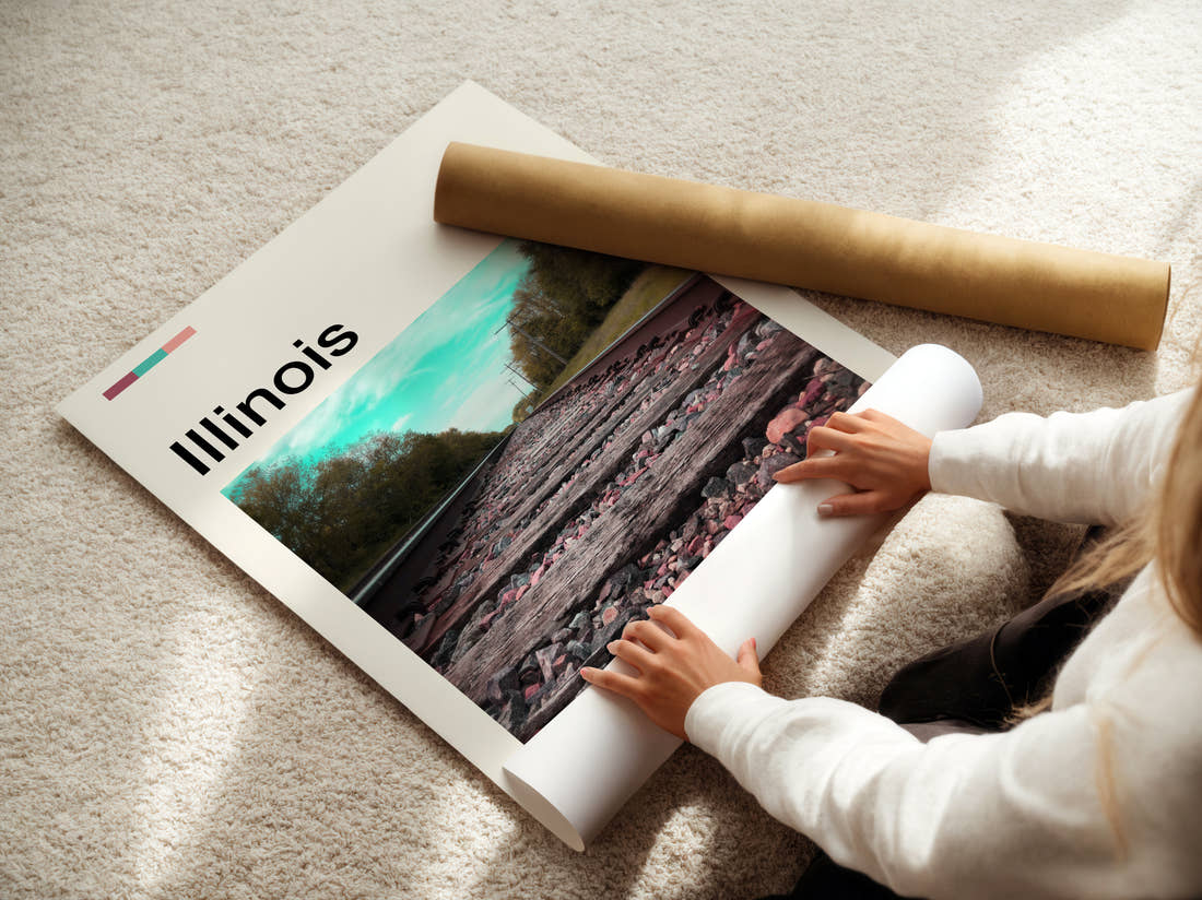 Illinois Railway Tracks Travel Print being unrolled from its postal tube
