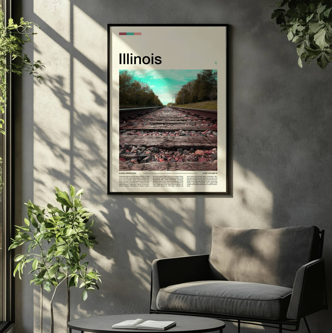 Illinois Railway Tracks Travel Print framed on the wall of a relaxed living room