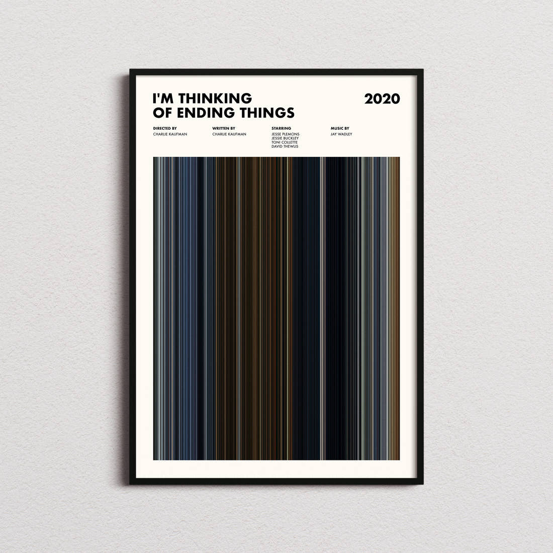 I'm Thinking Of Ending Things Movie Barcode Poster framed on a plain studio wall