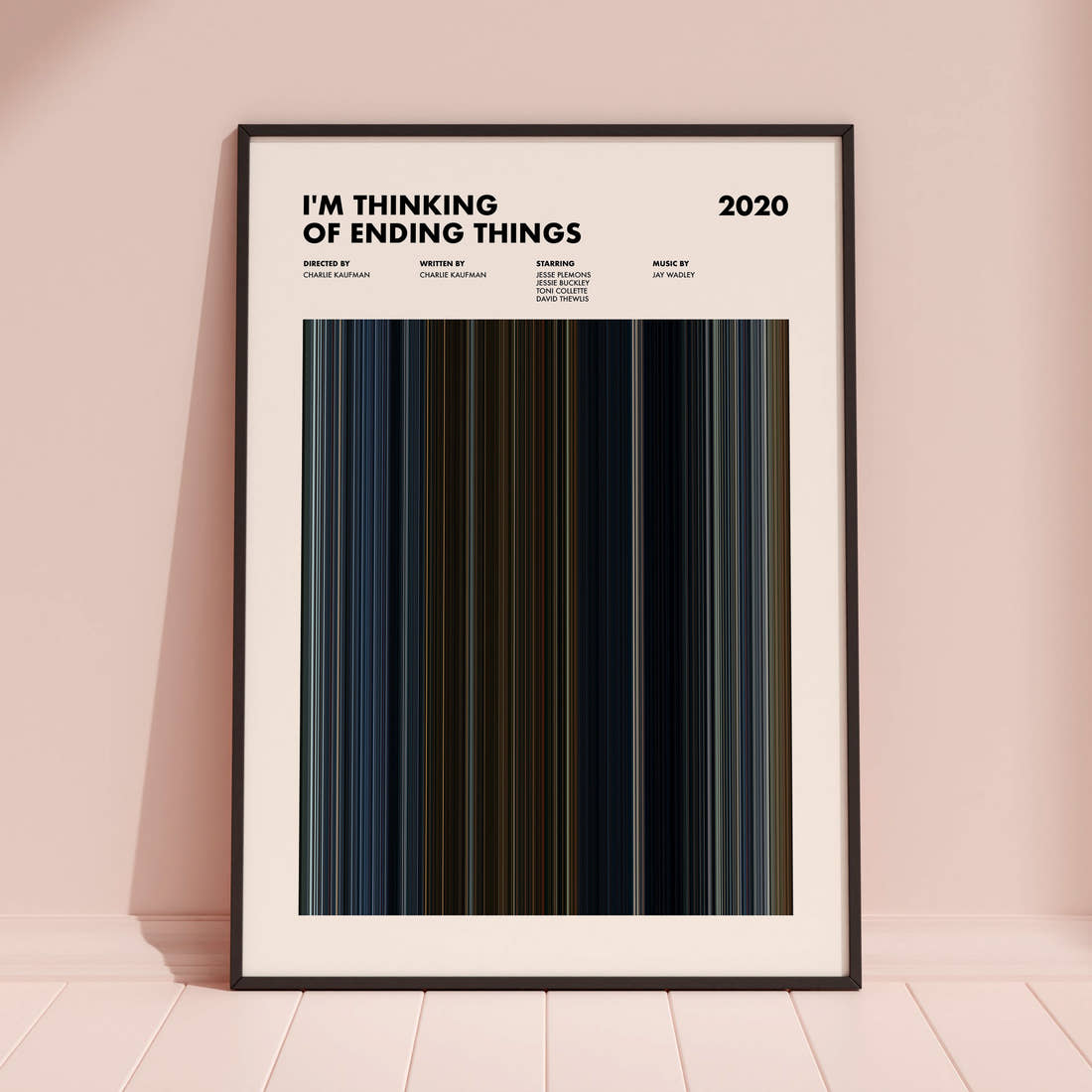 I'm Thinking Of Ending Things Movie Barcode Poster framed and leaning against a coloured wall