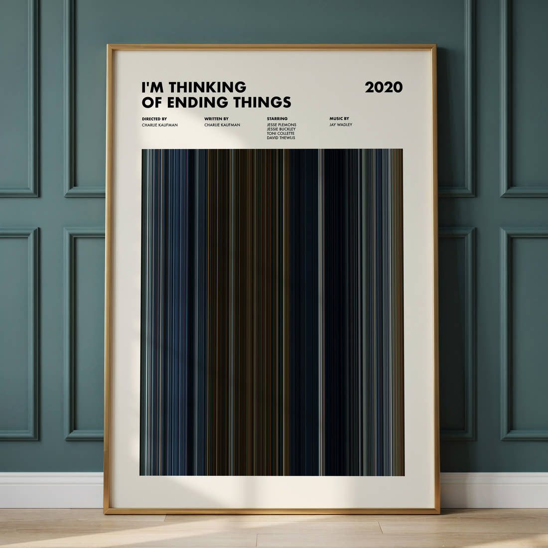 I'm Thinking Of Ending Things Movie Barcode Poster framed and leaning against a panelled wall