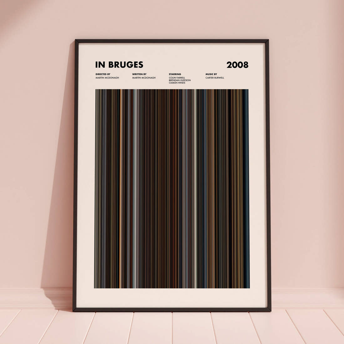 In Bruges Movie Barcode Poster framed and leaning against a coloured wall