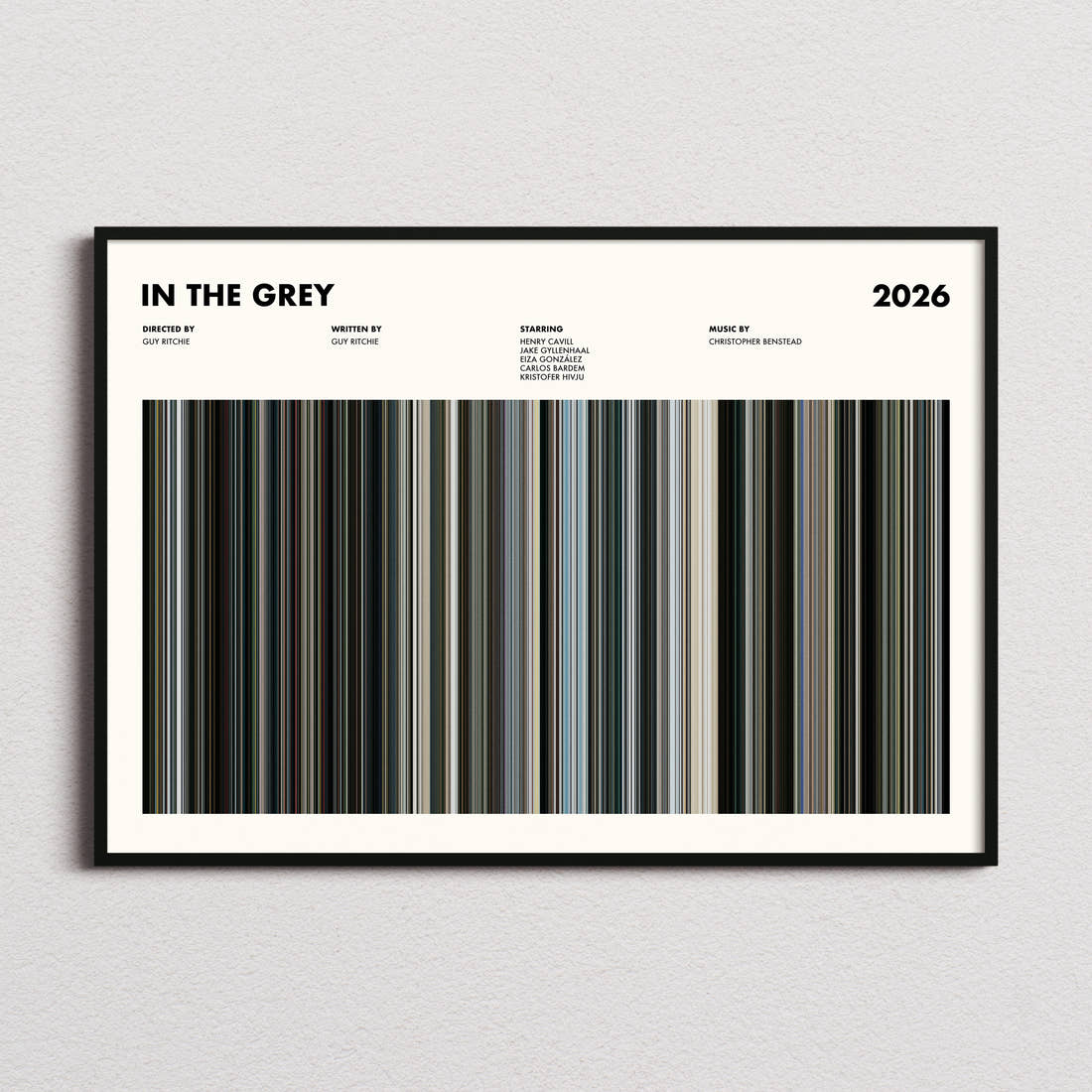 In the Grey Movie Barcode Poster framed and photographed straight on