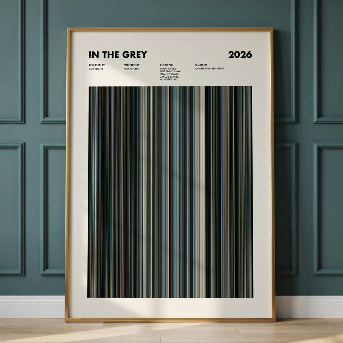 In the Grey Movie Barcode Poster framed and leaning against a panelled wall