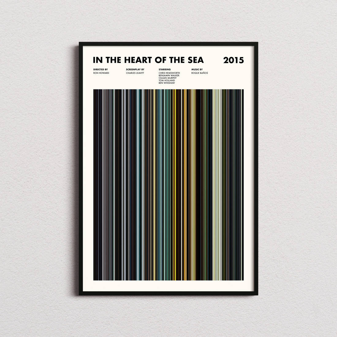 In the Heart of the Sea Movie Barcode Poster framed on a plain studio wall