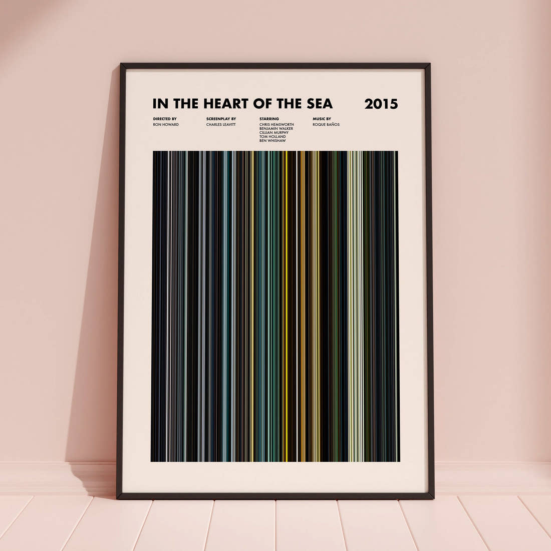 In the Heart of the Sea Movie Barcode Poster framed and leaning against a coloured wall