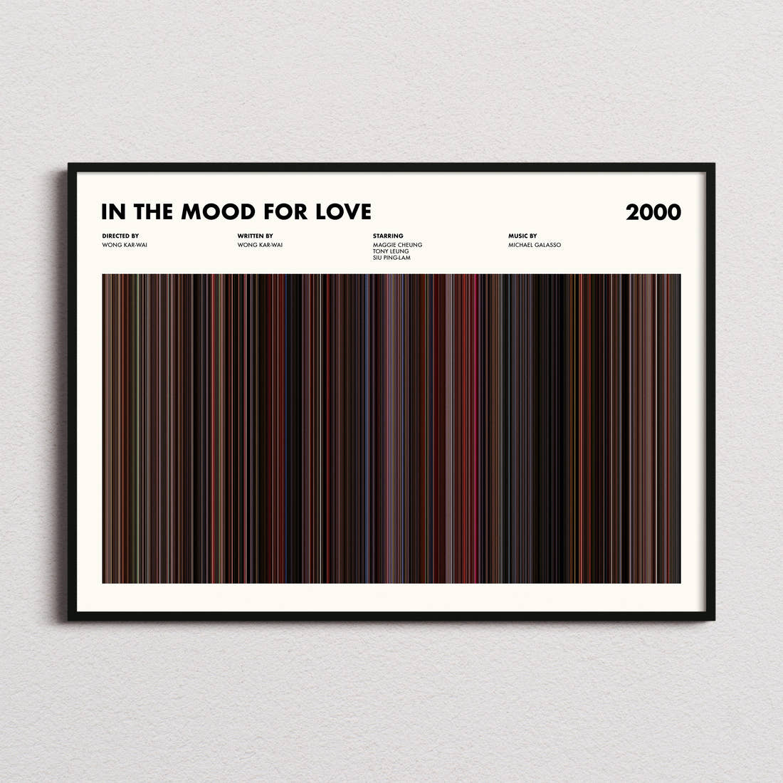 In The Mood For Love Movie Barcode Poster framed and photographed straight on