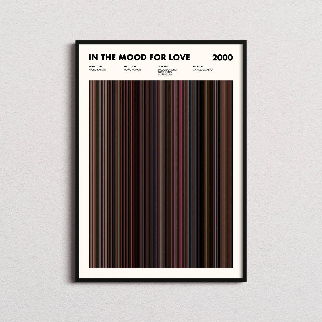 In The Mood For Love Movie Barcode Poster framed on a plain studio wall