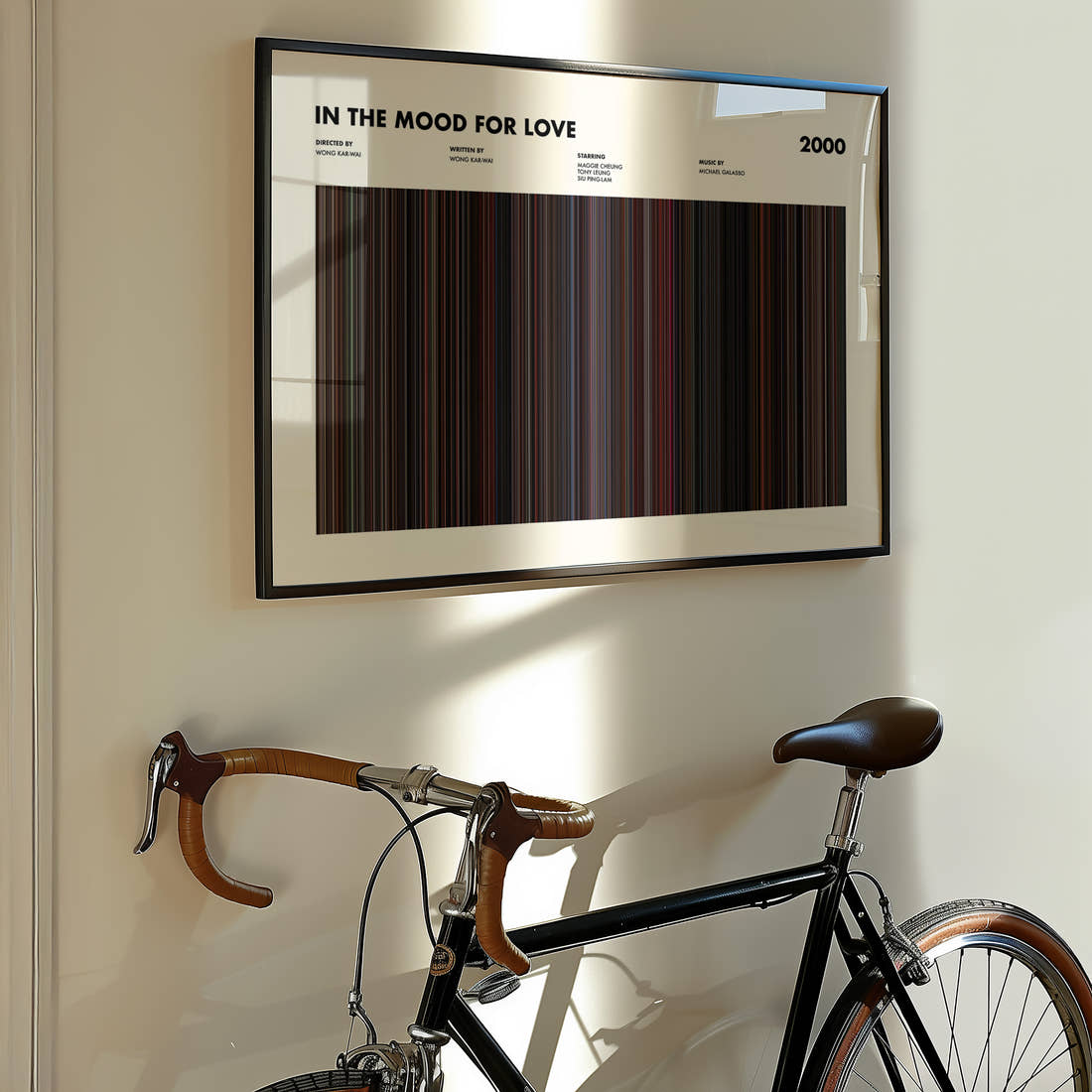 In The Mood For Love Movie Barcode Poster framed on the wall of a styled room setting