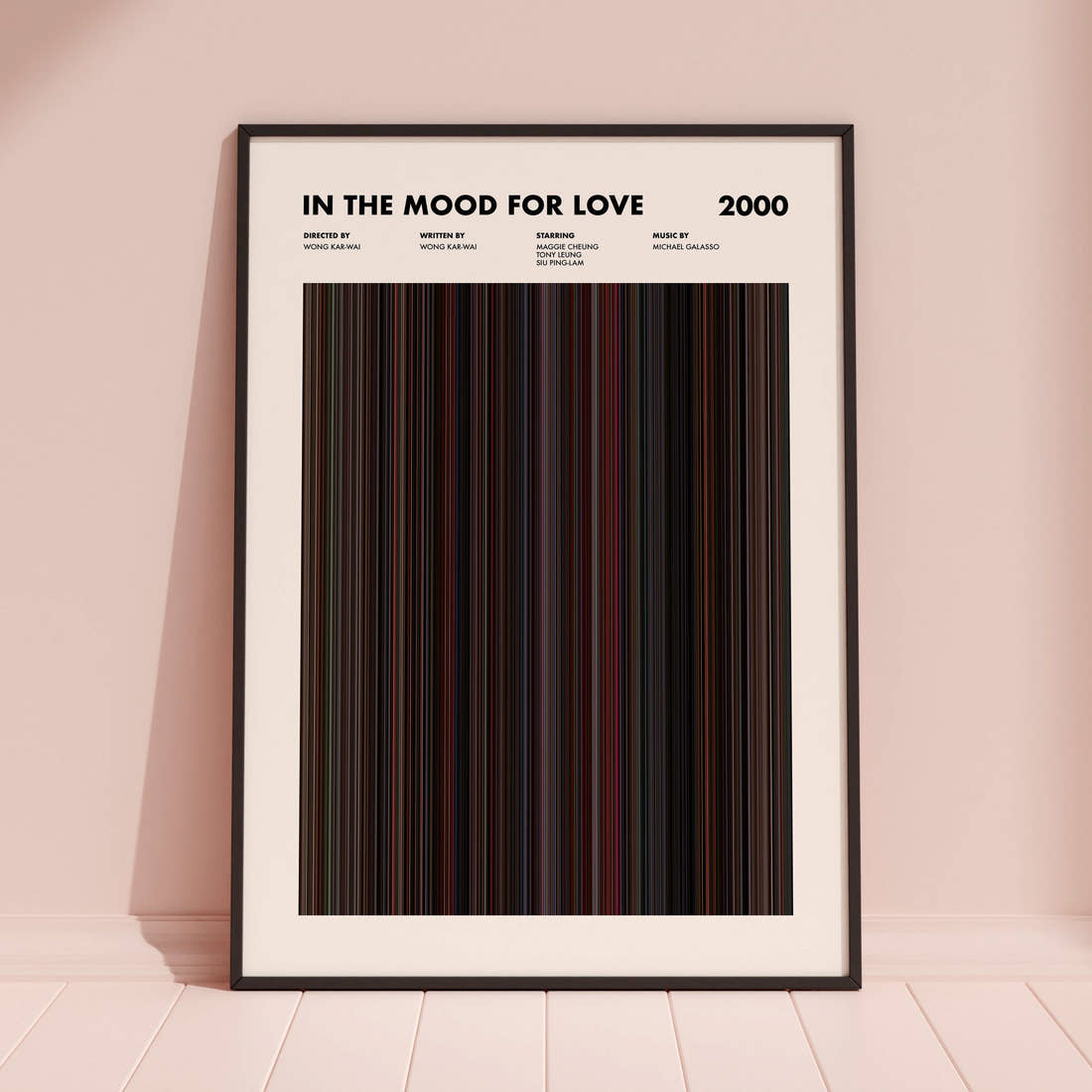 In The Mood For Love Movie Barcode Poster framed and leaning against a coloured wall