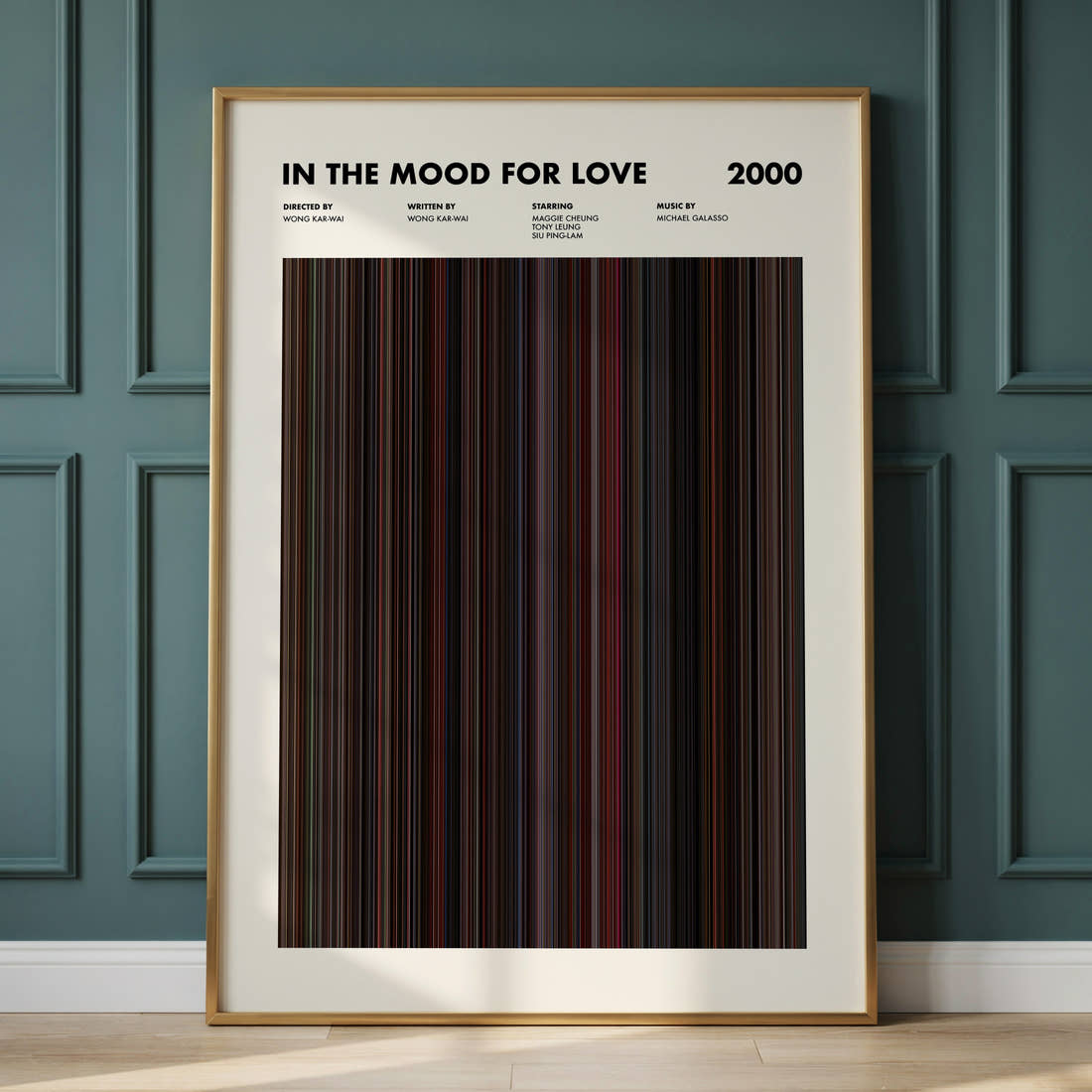 In The Mood For Love Movie Barcode Poster framed and leaning against a panelled wall