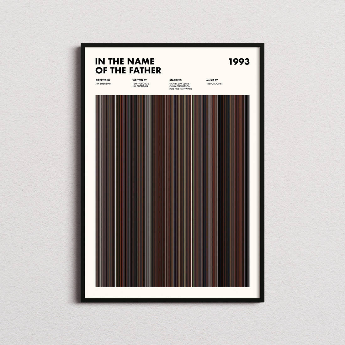 In The Name Of The Father Movie Barcode Poster framed on a plain studio wall
