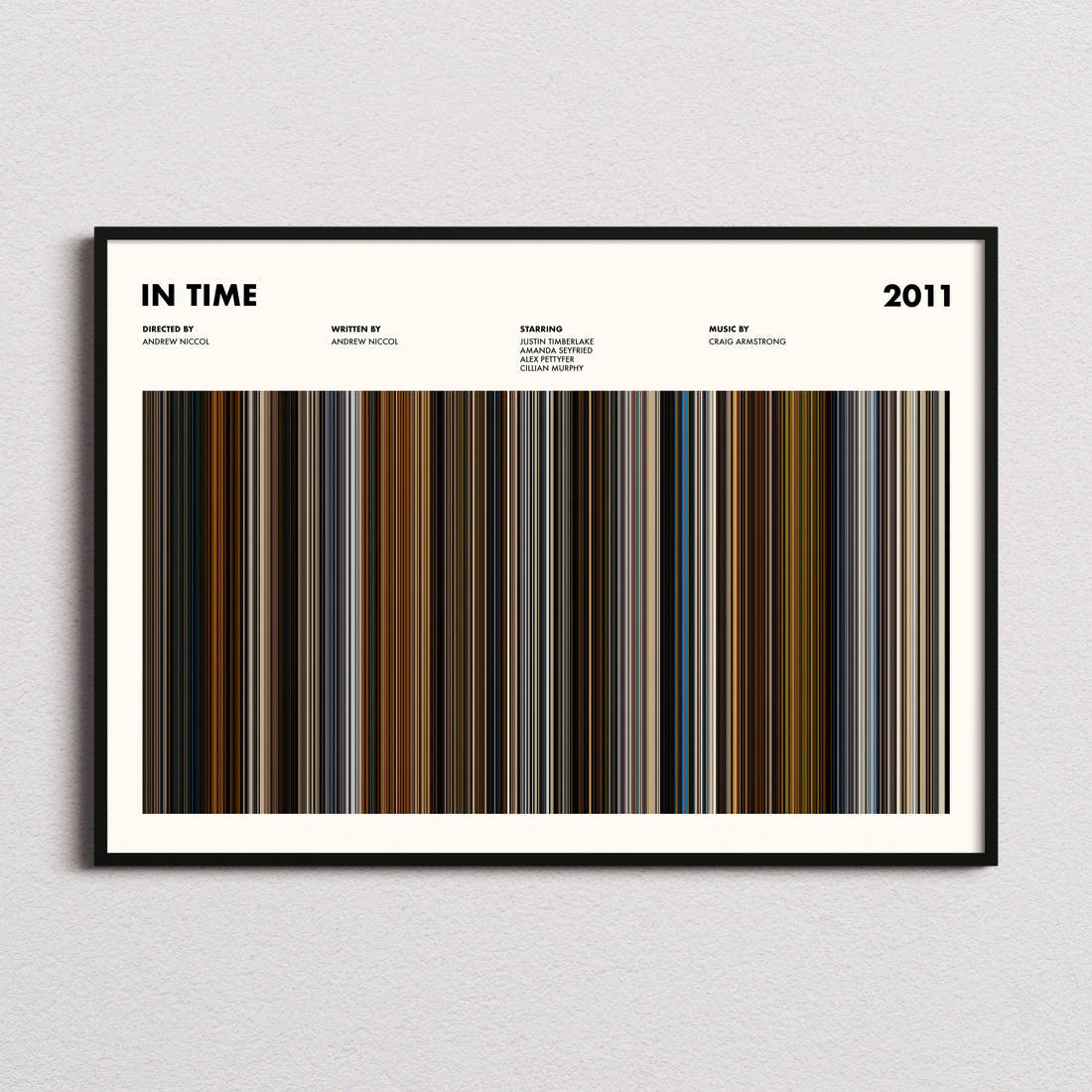 In Time Movie Barcode Poster framed and photographed straight on