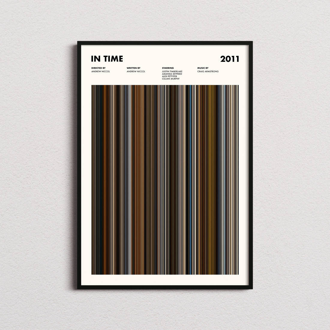 In Time Movie Barcode Poster framed on a plain studio wall