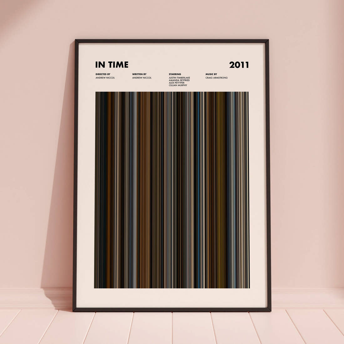 In Time Movie Barcode Poster framed and leaning against a coloured wall