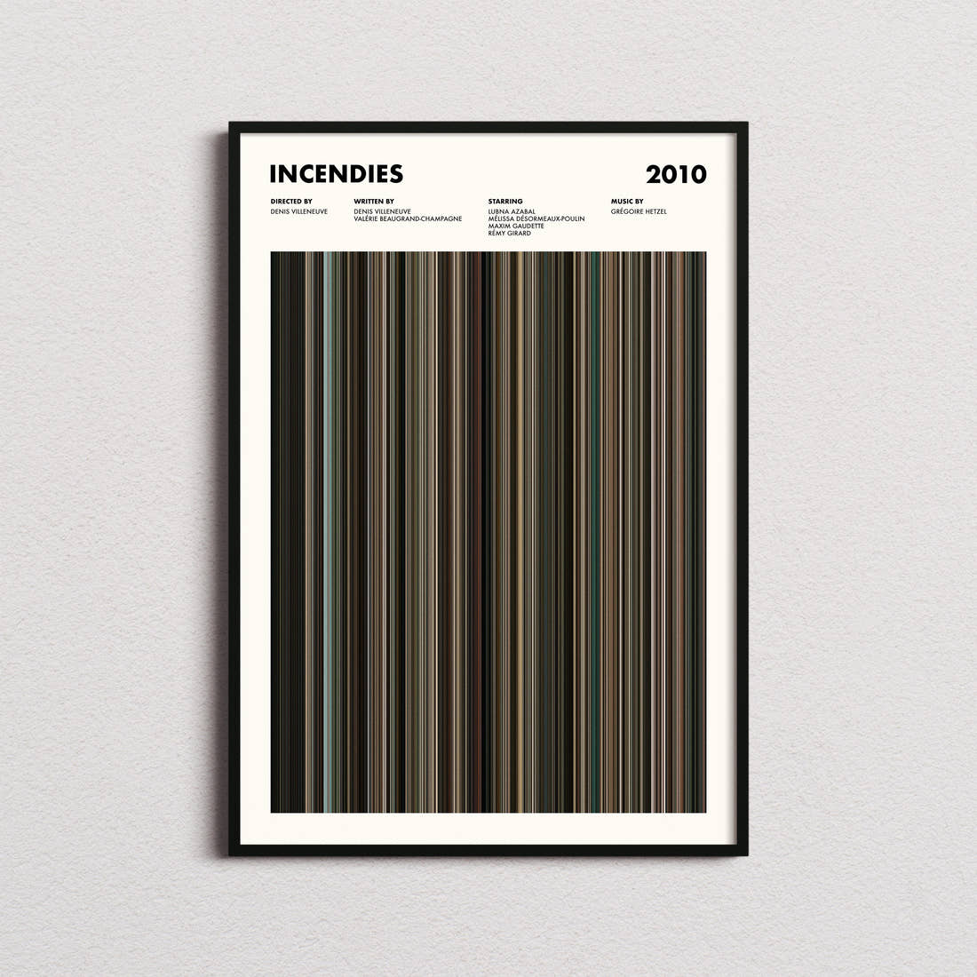 Incendies Movie Barcode Poster framed on a plain studio wall