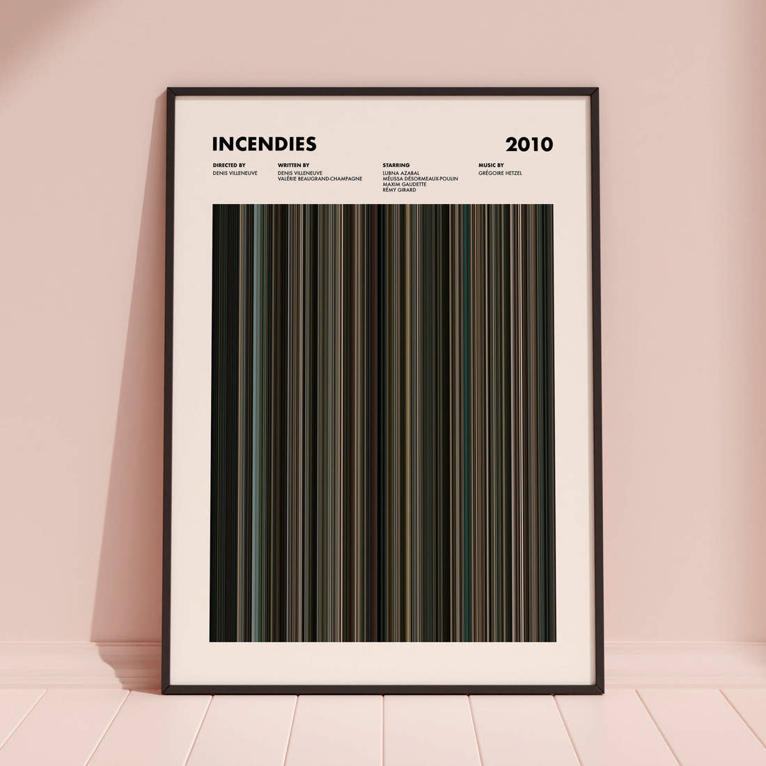 Incendies Movie Barcode Poster framed and leaning against a coloured wall