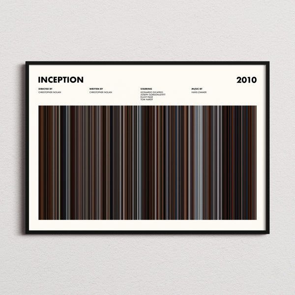 Inception Movie Barcode Poster framed and photographed straight on