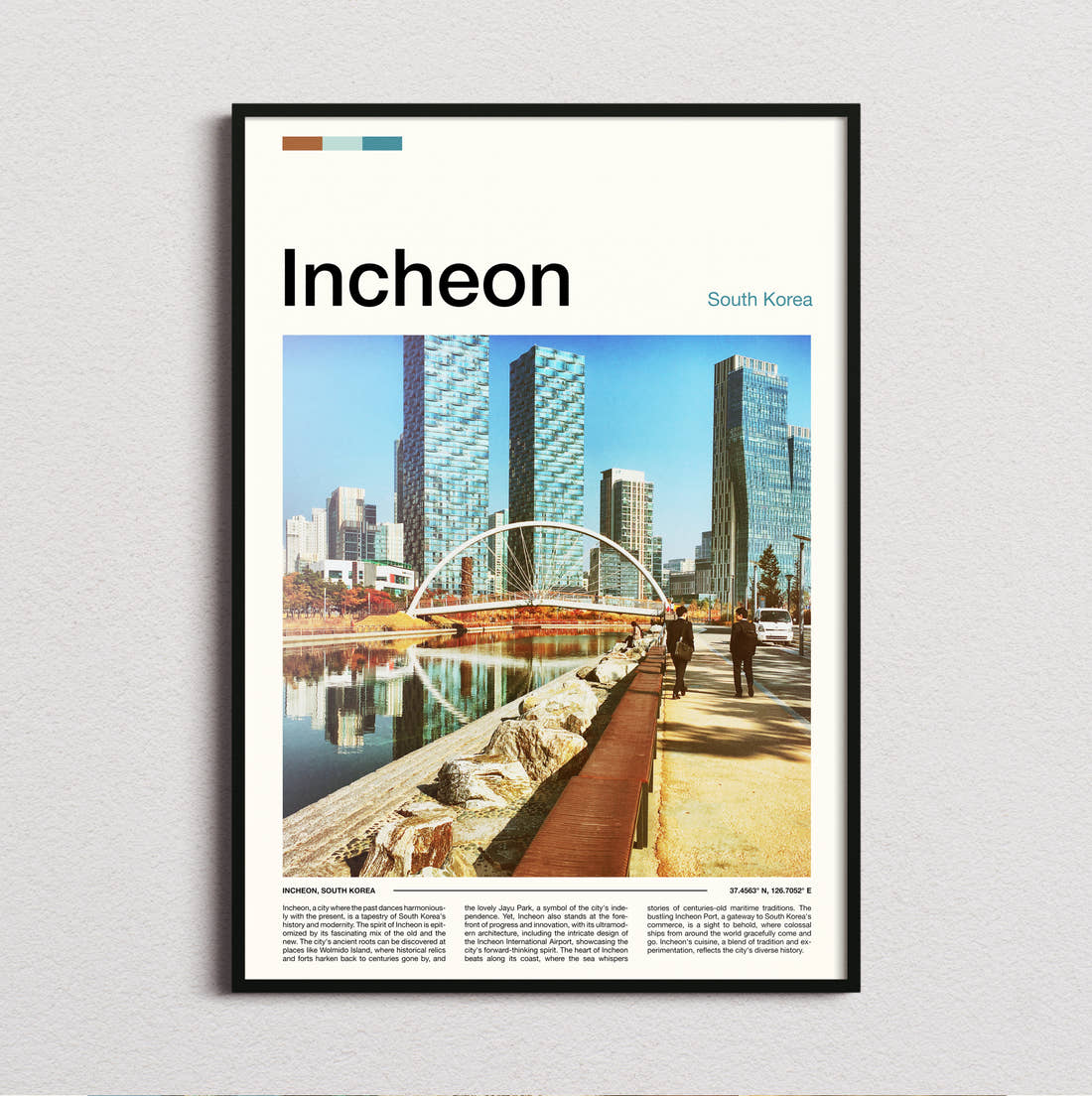 Incheon Arched Footbridge And Towers Travel Print framed and photographed straight on