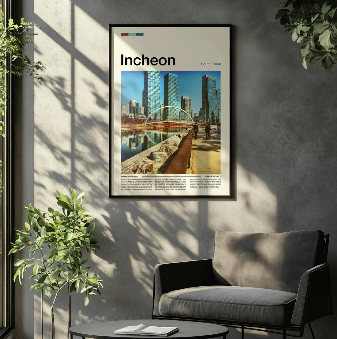 Incheon Arched Footbridge And Towers Travel Print framed on the wall of a relaxed living room