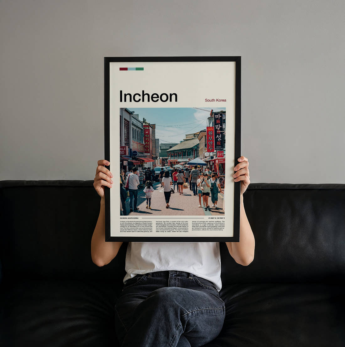 Incheon Busy Market Street Travel Print held up by hand to show the size of the print
