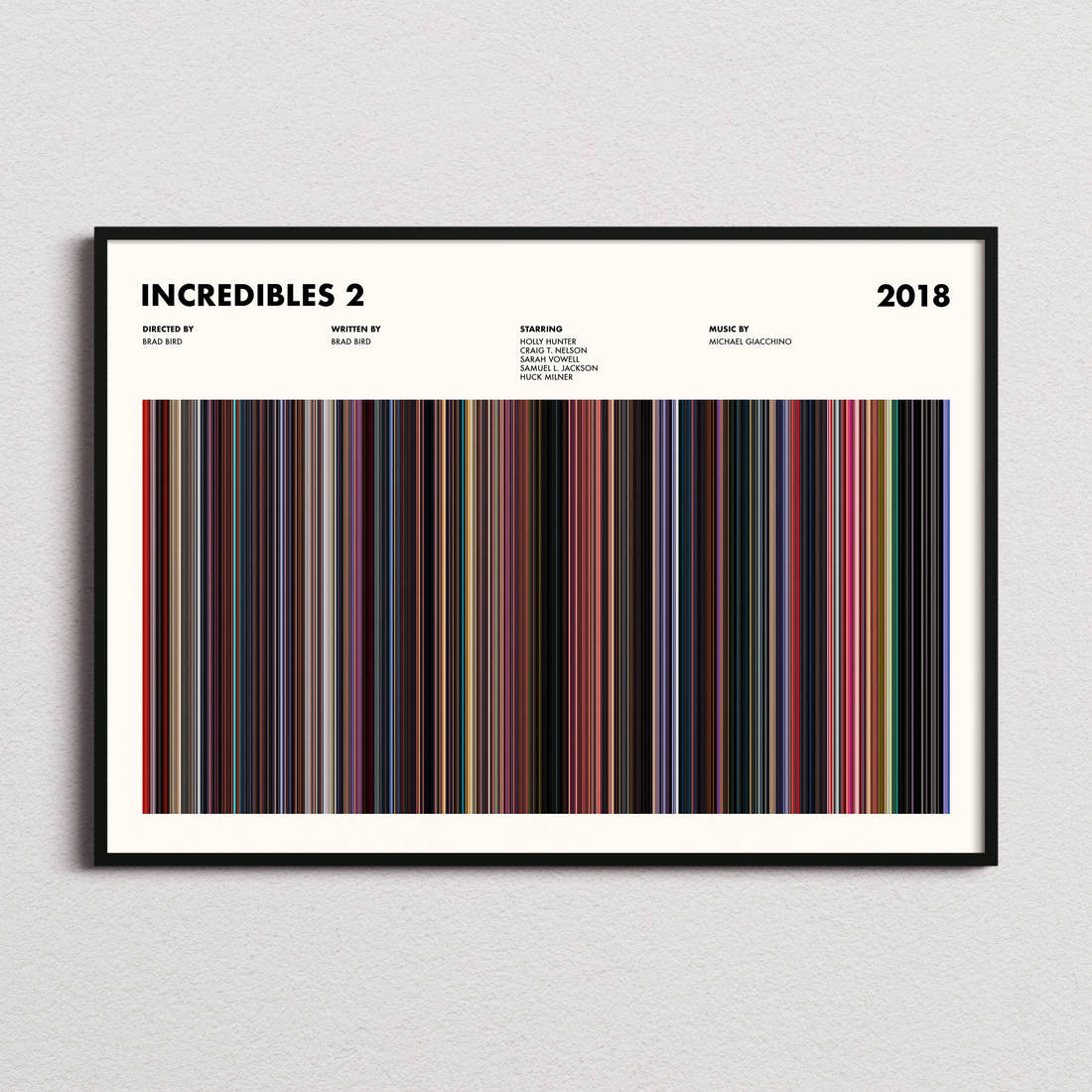 Incredibles 2 Movie Barcode Poster framed and photographed straight on