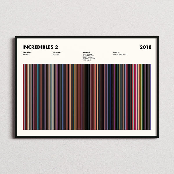 Incredibles 2 Movie Barcode Poster framed and photographed straight on