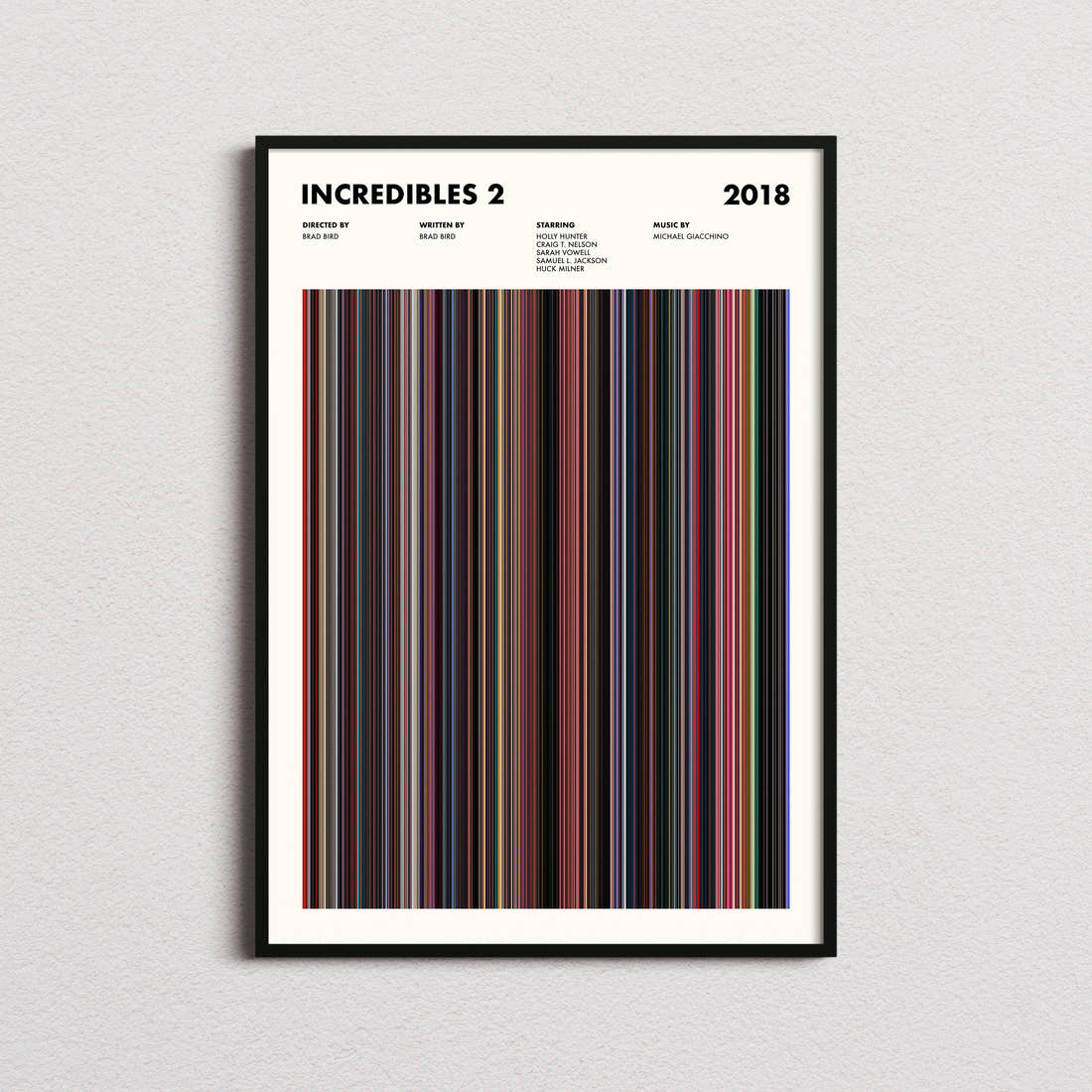 Incredibles 2 Movie Barcode Poster framed on a plain studio wall
