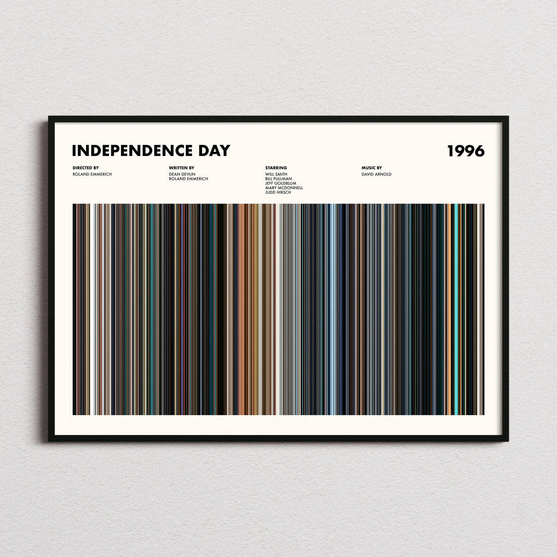 Independence Day Movie Barcode Poster framed and photographed straight on